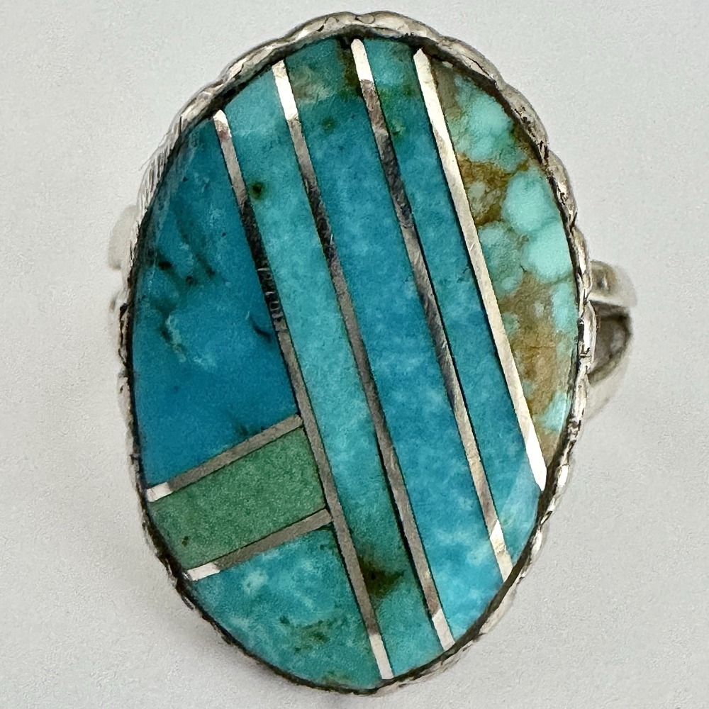 Navajo Ring Sz 11 Mixed Turquoise Inlay Signed D Noble Sterling Native American - Picture 6 of 9
